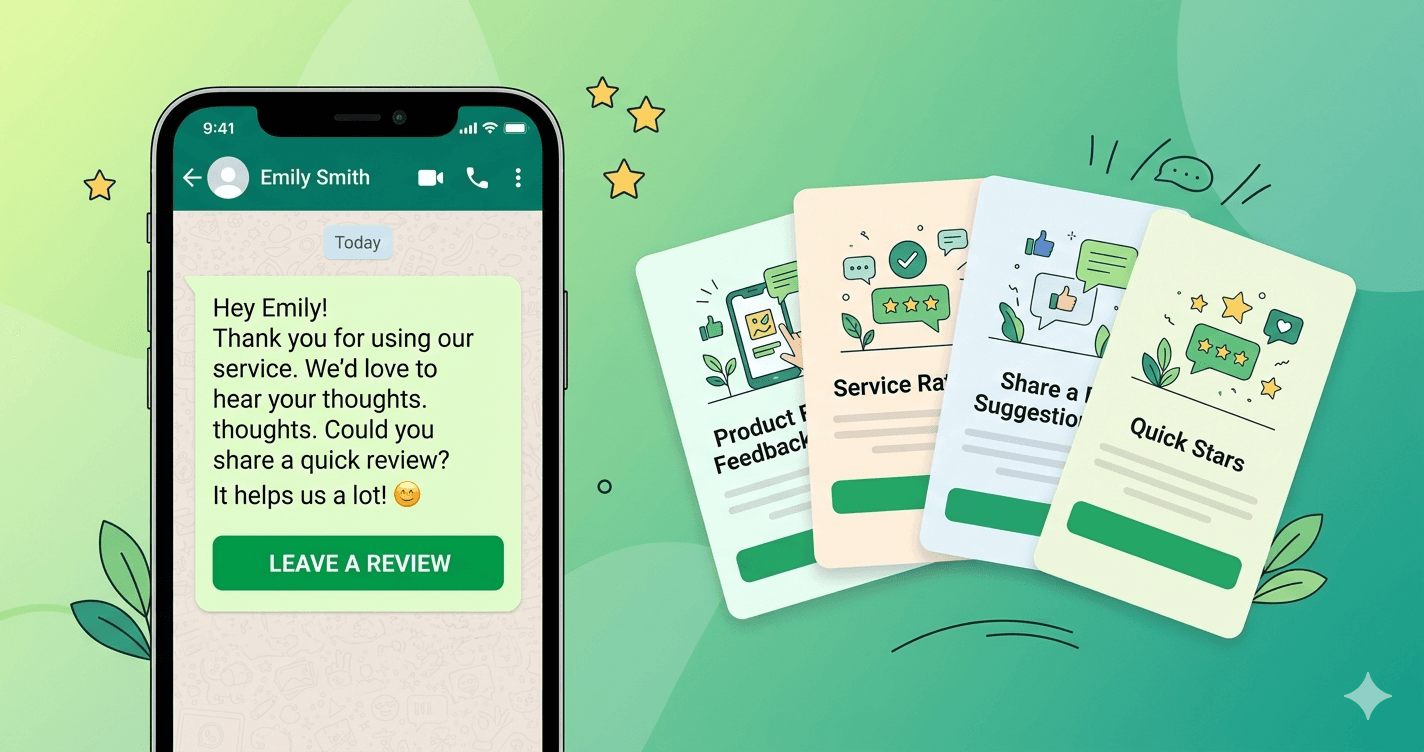 WhatsApp conversation showing review request message templates on a smartphone