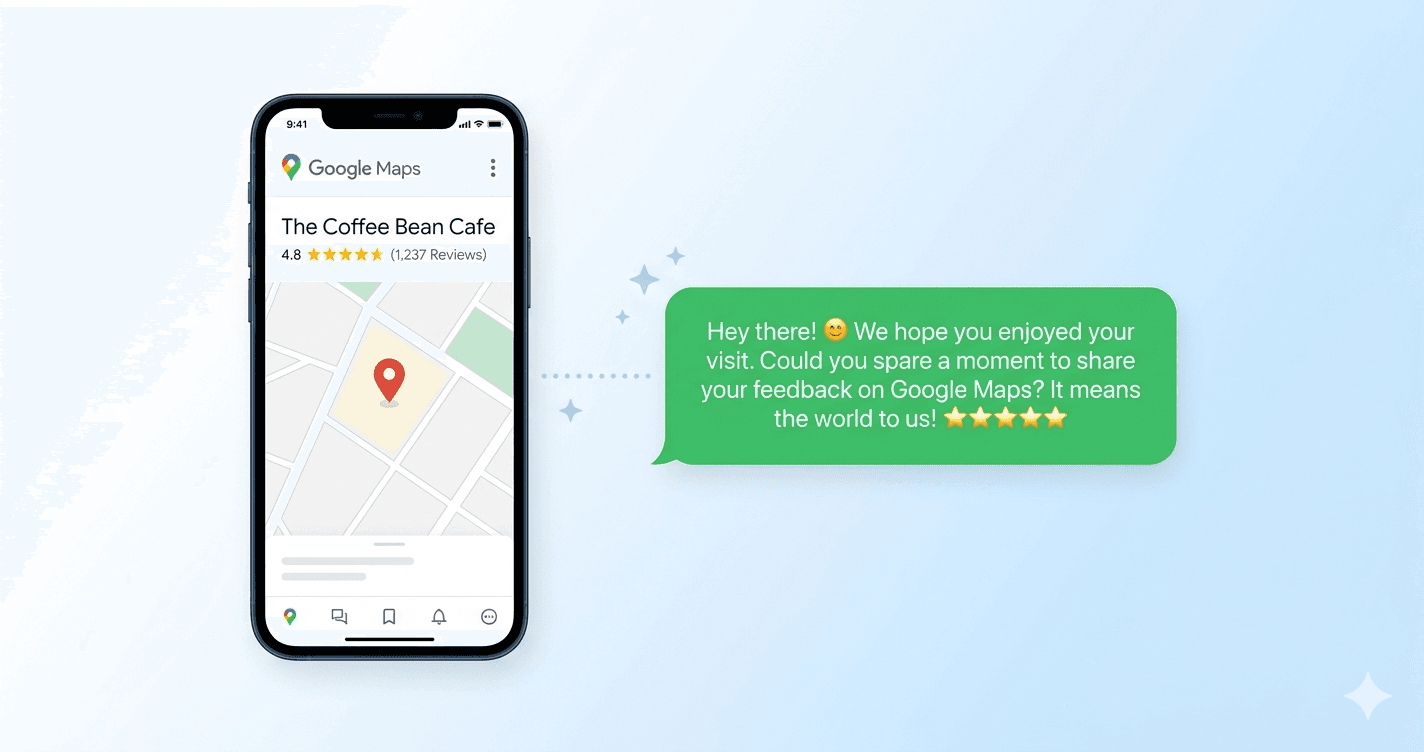 Smartphone showing Google Maps 5-star rating with WhatsApp review request message