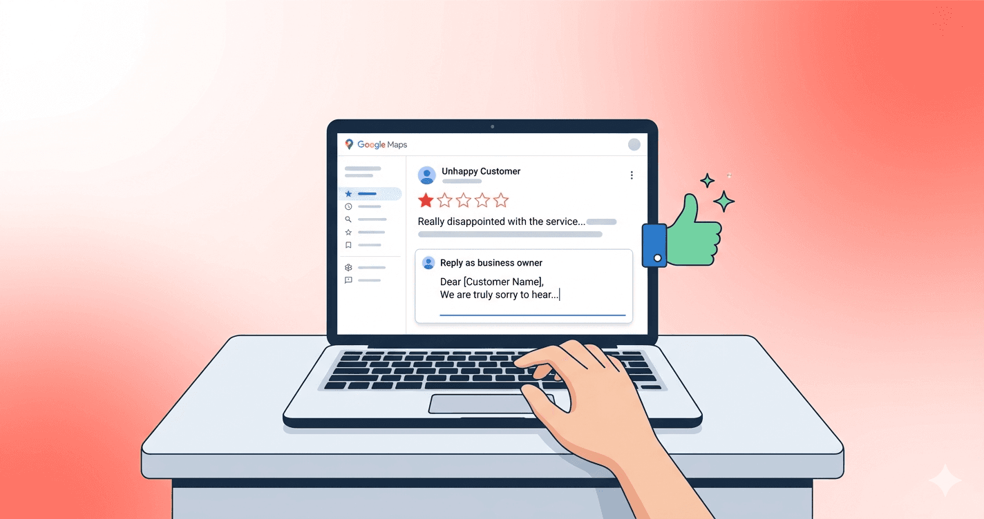 Laptop screen showing a negative Google review with a professional response being typed