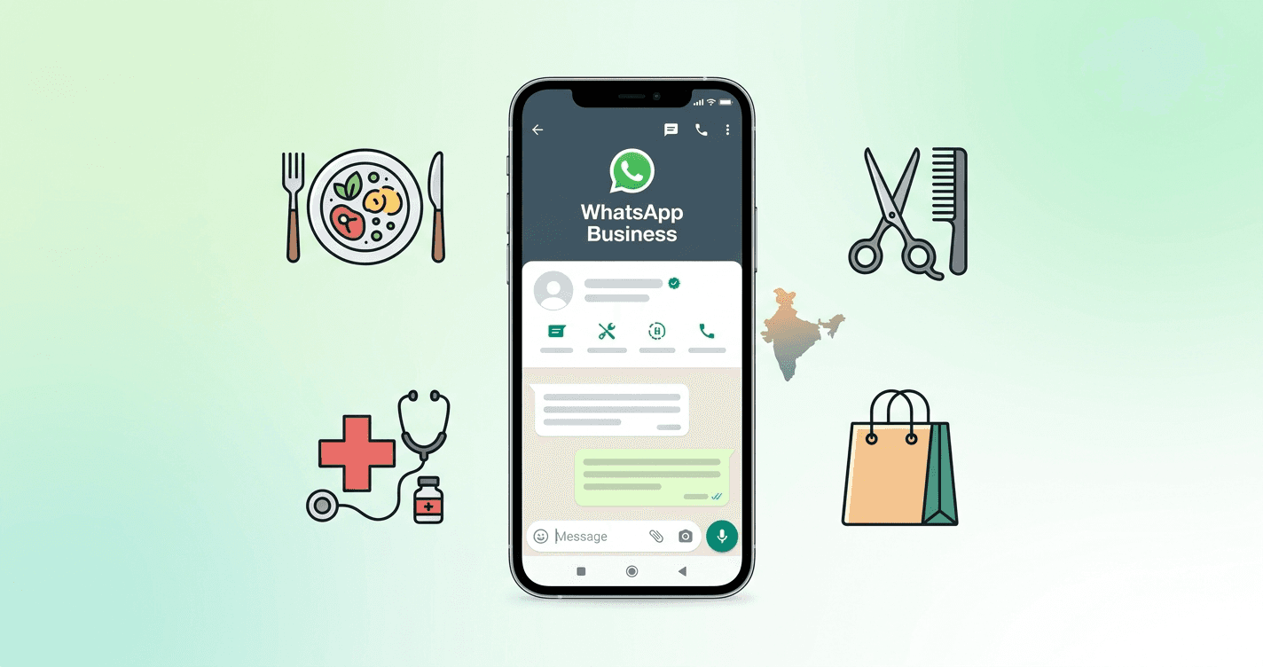 WhatsApp Business on smartphone surrounded by Indian local business icons